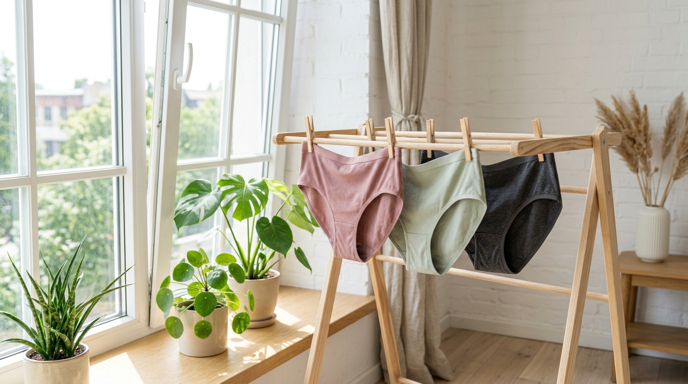 Reusable leakproof period panties hanging cleanly on clothes rack